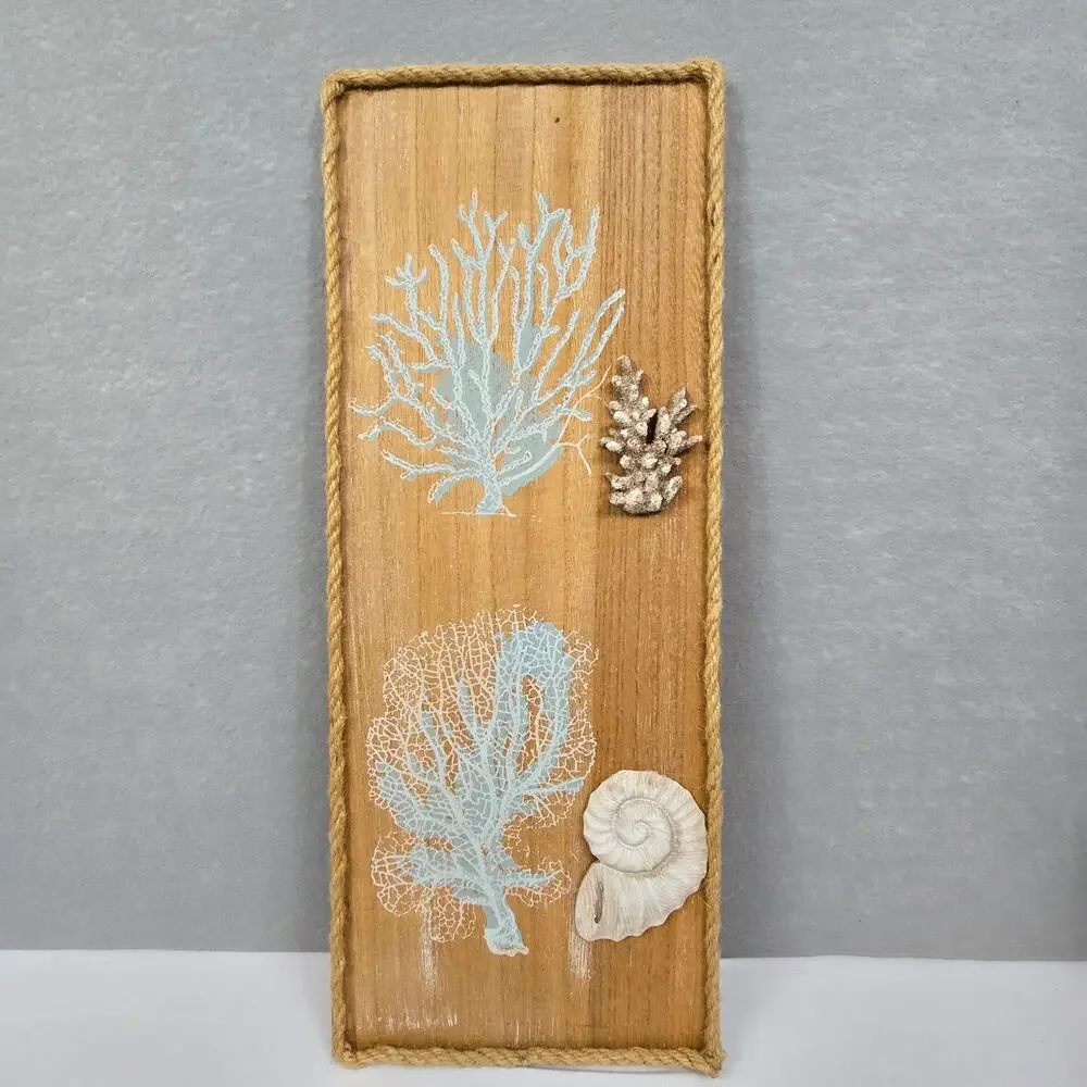 Wooden Coastal Wall Art Decor Rope Trim, Shells, Coral Prints 9.5
